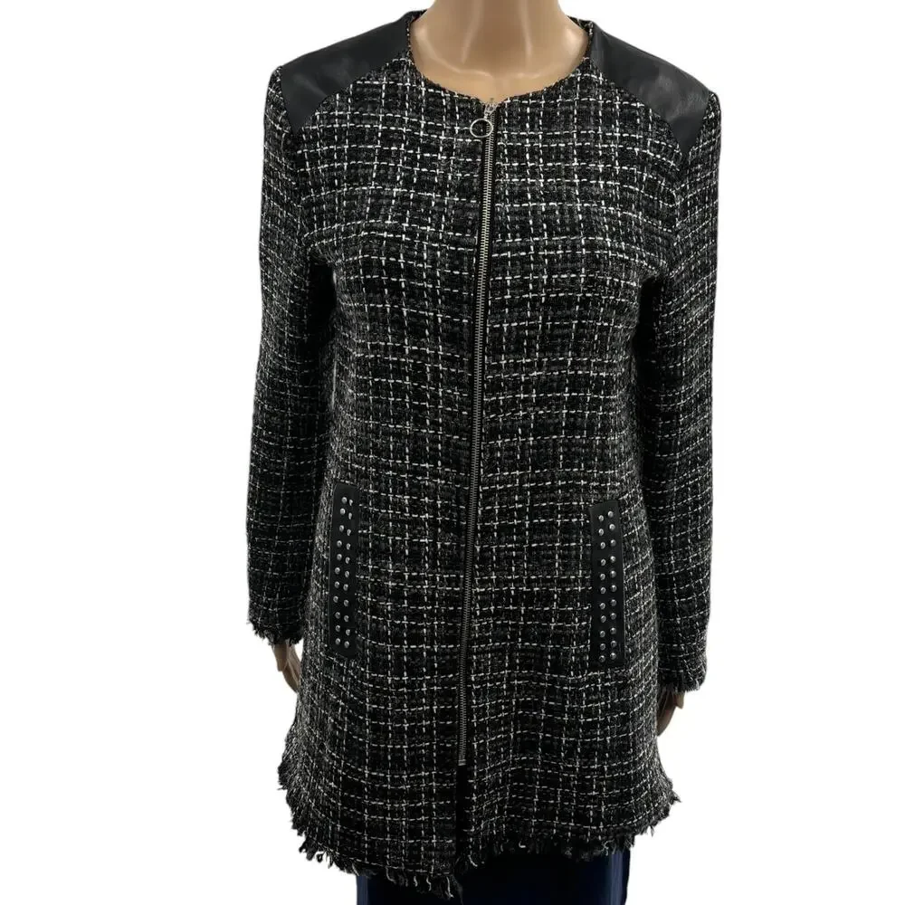 Zara Black Tweed Embellished Faux Leather Contrast Full Zip Coat
